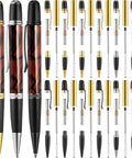 12 Pack Woodturning Pen Kit With Twist Ballpoint Refills Copper Turning Supplies, mixed color pens and components displayed