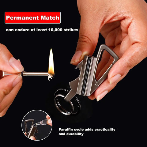 Hands holding 3 In 1 Infinity Lighter With Multitool Keychain Bottle Opener Reusable Waterproof Permanent Match Fire Starter
