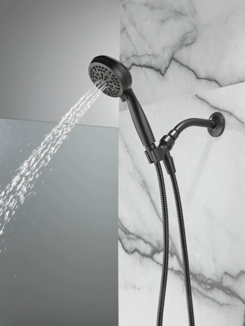 Heavy Duty Five Setting Handheld Shower Head Matte Black Detachable Hand Shower With Slick Hose Hella Strong High Pressure Spray For Instant Bathroom Refresh