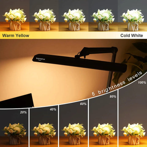 LED Architect Desk Lamp With Clamp, 5 brightness levels and color temperatures demonstrated on flowers, dimmable 2000 lumen task light