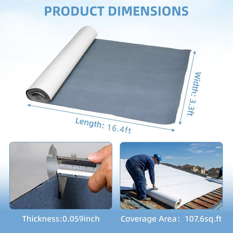Bulletproof Self Adhesive Rubber Roofing Membrane Roll 39 By 16 Point 4 Feet on a flat surface showing dimensions and thickness.