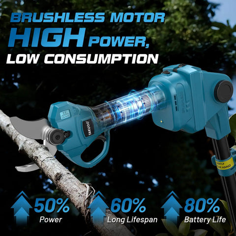 Close-up of cordless pole pruner cutting branch demonstrating high power brushless motor efficiency.