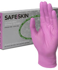 SAFESKIN Ultralight nitrile gloves box with magenta gloves; large, 100 count, powder-free, latex-free.
