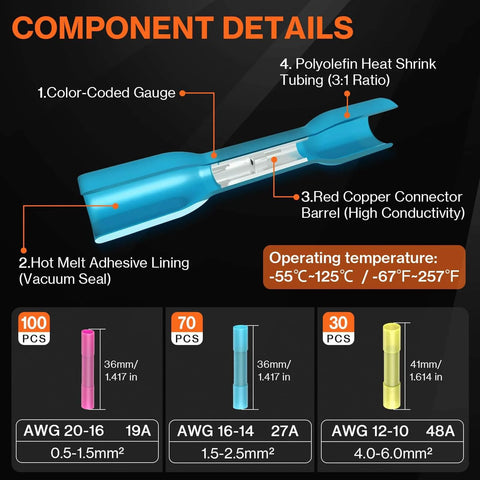 Diagram of 200 pcs color-coded heat shrink connectors for Heavy Duty Wire Crimping Tool Kit With Ratcheting Crimper, 22-10 AWG.