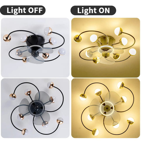 27 Inch Ceiling Fan With Light No Fuss Remote Control Dimmable LED And 3 Color Temperatures in black, light off and on views