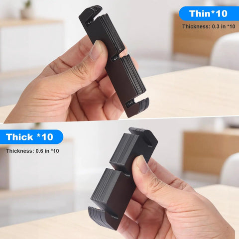 Two images showing hands holding 3.5 Inch Door Hinge Shim Kit With Pro Grade Plastic Spacers For Easy, Precise Door Alignment, Includes 10 Thick 0.06 Inch Spacers And 10 Ultra Thin 0.03 Inch Shims To Fix Big Gaps And Minor Sticking.