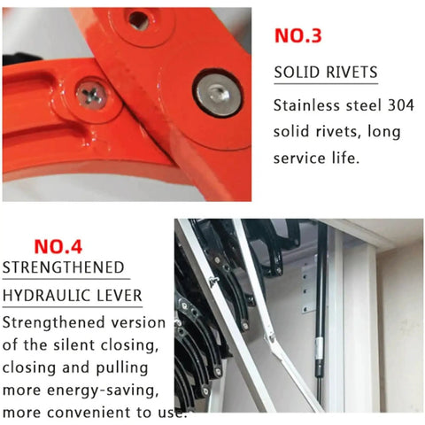 Electric Pull Down Attic Ladder With Titanium Magnesium Alloy Frame Invisible Ceiling Mount Built Tough Retractable Loft Steps Smooth Glide Easy Home Access Upgrade showcasing stainless steel solid rivets and hydraulic lever.