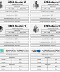 Six OTDR fiber-optic adapters displayed in a grid: SC, ST, FC, LC, FC/UPC-LC/UPC, SC/UPC-/APC; metal silver.