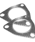 Two metal 2.5-inch three-bolt exhaust flange gaskets with large central bore.