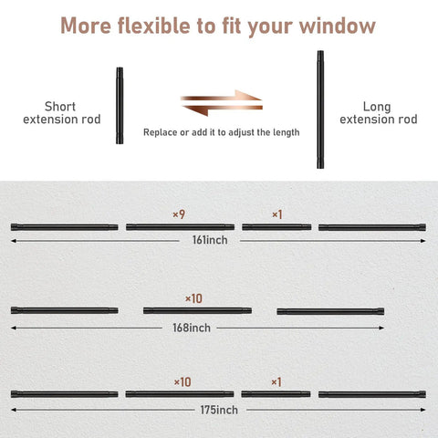 Diagram showing extension options for Extra Long Curtain Rod 120 To 170 Inches, 1 Inch Heavy Duty Blackout Drapery Rod For Sliding Glass Doors