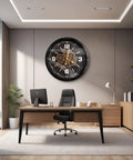 27 Inch Industrial Wall Clock Featuring Real Moving Gears For Living Room Decor mounted above a desk in a modern office.