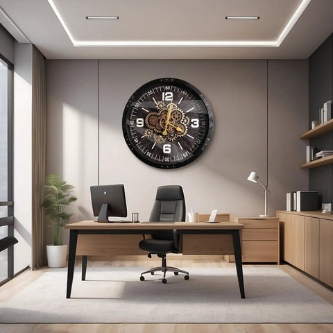 27 Inch Industrial Wall Clock Featuring Real Moving Gears For Living Room Decor mounted above a desk in a modern office.