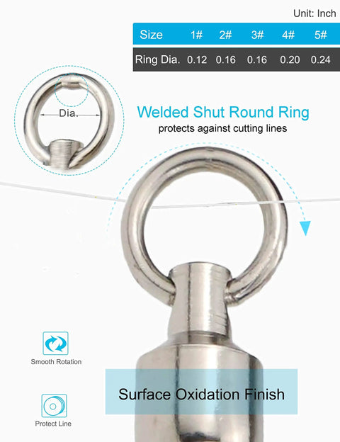 Saltwater Ball Bearing Swivel Set for Big Game Fishing Heavy Duty Snap Swivels 50 Piece Tackle Spinner Connectors in 5 Sizes, welded round ring