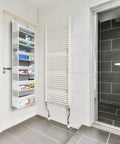 Premium Six Tier Over The Door Shoe Organizer In Durable Soft Ivory Fabric For Closets And Entryways mounted on a door.