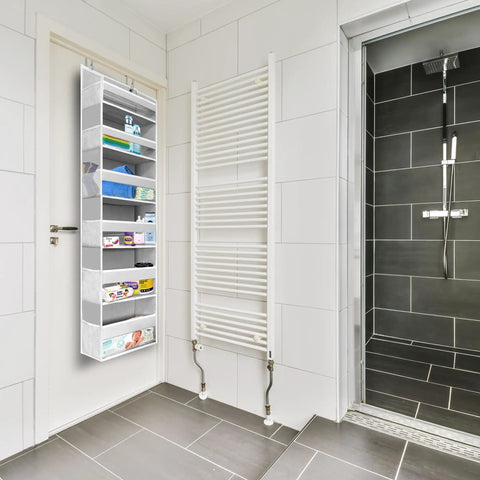 Premium Six Tier Over The Door Shoe Organizer In Durable Soft Ivory Fabric For Closets And Entryways mounted on a door.