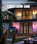 Next Level Outdoor Wall Lights Two Pack Smart RGBIC Porch Fixtures Hella Bright Waterproof Patio Bulbs App Controlled displayed on a mobile device.