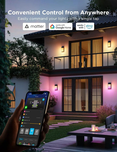 Next Level Outdoor Wall Lights Two Pack Smart RGBIC Porch Fixtures Hella Bright Waterproof Patio Bulbs App Controlled displayed on a mobile device.