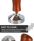 51mm Espresso Tamper With Stainless Steel Flat Base And Solid Wood Handle For 51mm Portafilters, shown disassembled