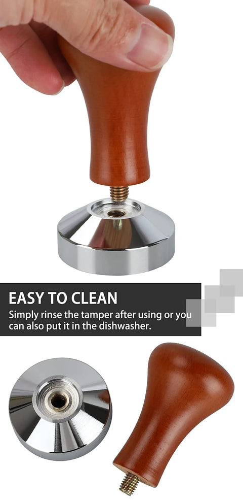 51mm Espresso Tamper With Stainless Steel Flat Base And Solid Wood Handle For 51mm Portafilters, shown disassembled