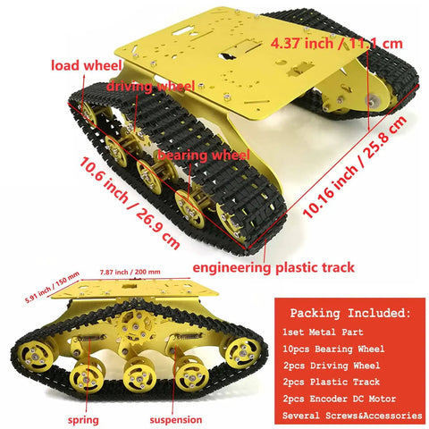 Shock Absorption Robot Tank Chassis With Suspension Holder For Arduino And Raspberry Pi showing engineering plastic track and spring suspension.