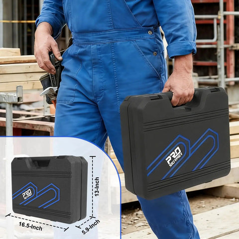 Person holding Massive 269 Piece Home And Auto Tool Set With Drawer Box, portable black case with blue accents.