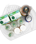 Top view of Refrigerator Square Lazy Susan Turntable Organizer with groceries, clear and non-slip, 16.5 by 11.1 inches.
