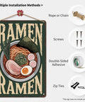 Funny Vintage Ramen Bowl Metal Sign 8x12 Inch Wall Decor showing ramen graphic, installation options, and mounting methods.