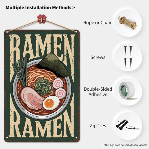 Funny Vintage Ramen Bowl Metal Sign 8x12 Inch Wall Decor showing ramen graphic, installation options, and mounting methods.