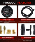 Fuel Pump And Vacuum Tester Gauge For Car Carburetor Diagnostics With Leak Testing Lets You Nail Fuel Pump Pressure To 10 PSI And Read Engine Vacuum To 28 InHg Includes Large Three And A Half Inch Adapters And Red Blow Mold Case, 4-inch gauge, hose, brass adapters