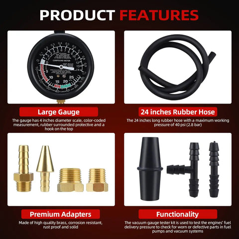 Fuel Pump And Vacuum Tester Gauge For Car Carburetor Diagnostics With Leak Testing Lets You Nail Fuel Pump Pressure To 10 PSI And Read Engine Vacuum To 28 InHg Includes Large Three And A Half Inch Adapters And Red Blow Mold Case, 4-inch gauge, hose, brass adapters