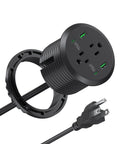 Slick Flush Mount Desk Power Hub With Two AC Outlets And Four Quick Charge Ports Including Dual PD 20W Type C Plugs, black design, 6ft cord.