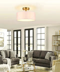 Cool 15 Inch Drum Light Semi Flush Mount Ceiling Light Fixture With White Fabric Drum Shade And Brass Finish in living room