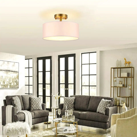 Cool 15 Inch Drum Light Semi Flush Mount Ceiling Light Fixture With White Fabric Drum Shade And Brass Finish in living room