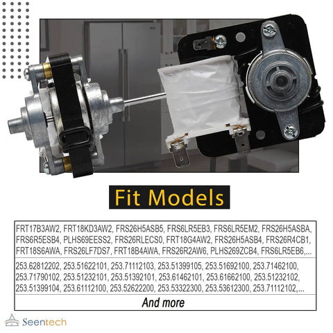 Refrigerator Evaporator Fan Motor For Frigidaire Kenmore Fridges Replaces AP4700070 5304445861, showcased with compatible models list.