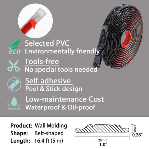 Flexible Wall Trim With Peel And Stick Self Adhesive, Easy Install Crown Molding For Cabinets, Mirrors, Walls, And Home Decor, Non Toxic Odorless Adhesive, Black 16.4 Ft By 1 In.