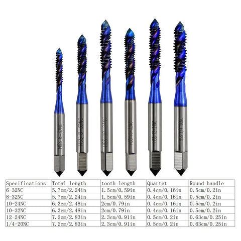 Grab This 6 Piece Tap Drill Bits Set For Metal Thread Repair Kits Featuring High Speed Steel Perforated Spirals And Metric Composite Taps That Are Super Durable, Sharp, And Built To Fix Damaged Threads Fast Without The Hassle. 6 HSS thread taps with size chart