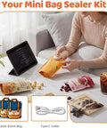 Woman using Two In One Mini Rechargeable Bag Sealer With Magnet Compact Heat Sealer For Chips And Snacks, shown on table with bags.