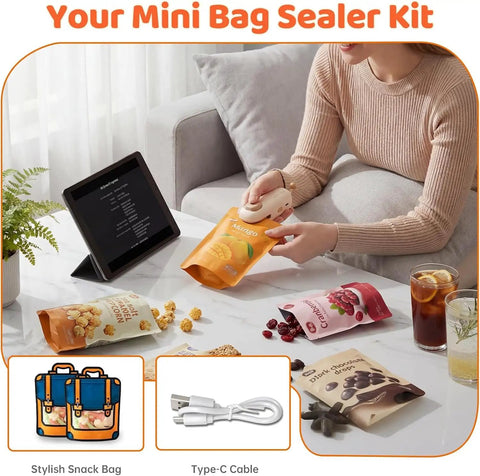 Woman using Two In One Mini Rechargeable Bag Sealer With Magnet Compact Heat Sealer For Chips And Snacks, shown on table with bags.