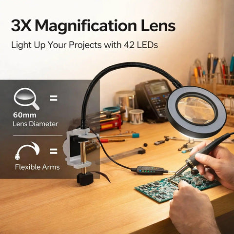 3X LED Magnifying Table Clamp Helping Hand With Flexible Arm Soldering Station in use on a circuit board with flexible arms and 60mm lens