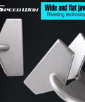 10 Inch Locking Pliers Sheet Metal Clamp demonstrating wide and flat duck billed jaws with riveting technology, close-up view.