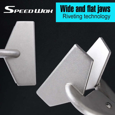 10 Inch Locking Pliers Sheet Metal Clamp demonstrating wide and flat duck billed jaws with riveting technology, close-up view.