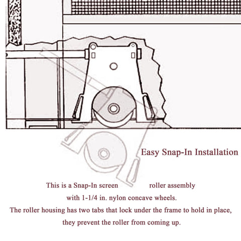 No Fuss Heavy Duty Lower Sliding Screen Door Roller Assembly With 1-1/4 Inch Nylon Concave Wheels installation guide diagram.