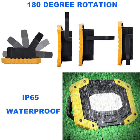 Rechargeable COB LED Work Light Set Of 2 with foldable handle and IP65 waterproof design, showing 180 degree rotation feature.