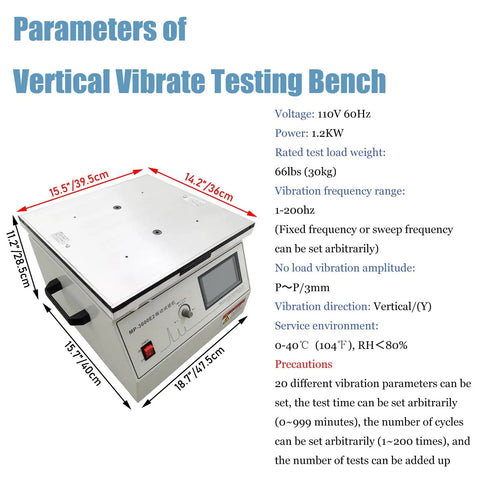 Vertical Vibration Test Bench 1-200Hz With 30kg Load and 110V Power, Variable Frequency Vibration Testing Machine for Beefed Up Durability and Shock Testing, Intelligent Control Design and High Precision Data Readout, white metal bench