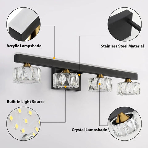Three Light Crystal Bathroom Vanity Light Fixture Black Modern LED Wall Light 6000K Cool White Bath Light Over Mirror For Home And Master Bathrooms Looks Lit And Fresh