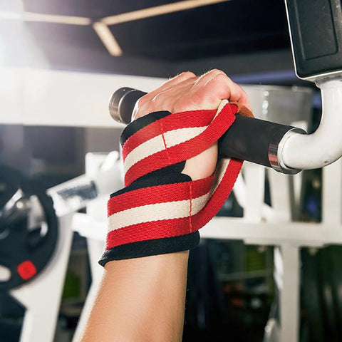 Heavy Duty Lifting Straps For Weightlifting With Figure Eight Design gripping gym bar, anti-slip wrist support, size XL red.