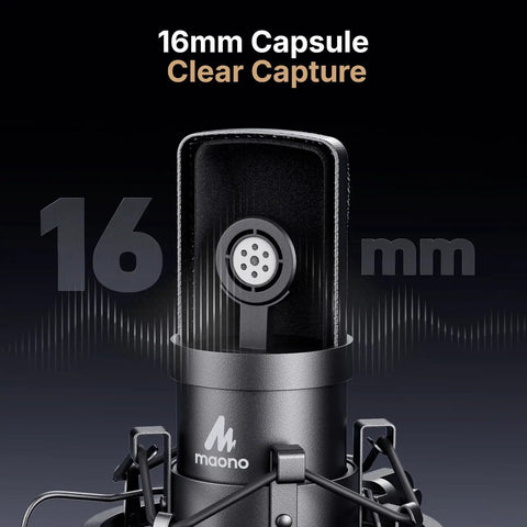 Close-up of 16mm capsule on USB Condenser Microphone With Plug And Play 192kHz 24Bit Pro Sound Chipset Cardioid Pattern