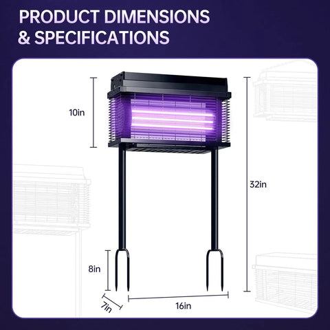 Rechargeable Solar Bug Zapper For Outdoors Purple UV Mosquito Killer Lamp with dimensions and specifications.