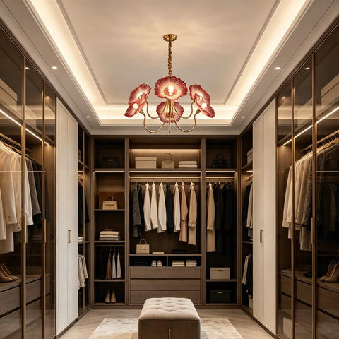 HLRCB Indoor Pendant Light, 21.7", Glass Floral Shade Adjustable Drop in a stylish walk-in closet with open shelves.