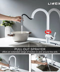 LIWEIKE Utility Sink Faucet White Laundry Sink Faucet with Pull Down Sprayer for 1 or 3 Holes suits a sink with a pull-out sprayer.